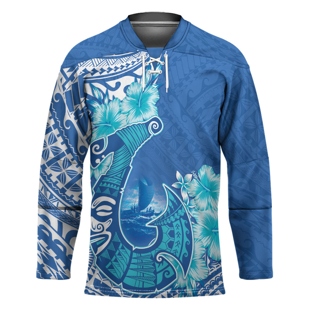 Hawaii Discoverers Day Hockey Jersey Polynesian Fish Hook With Hibiscus Blue LT05 Unisex Blue - Polynesian Pride