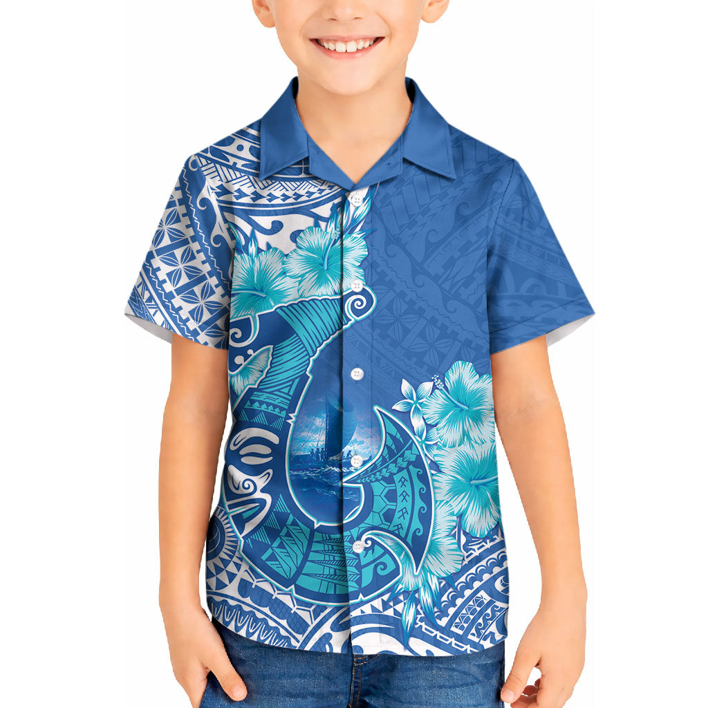 Hawaii Discoverers Day Kid Hawaiian Shirt Polynesian Fish Hook With Hibiscus Blue LT05 Kid Blue - Polynesian Pride