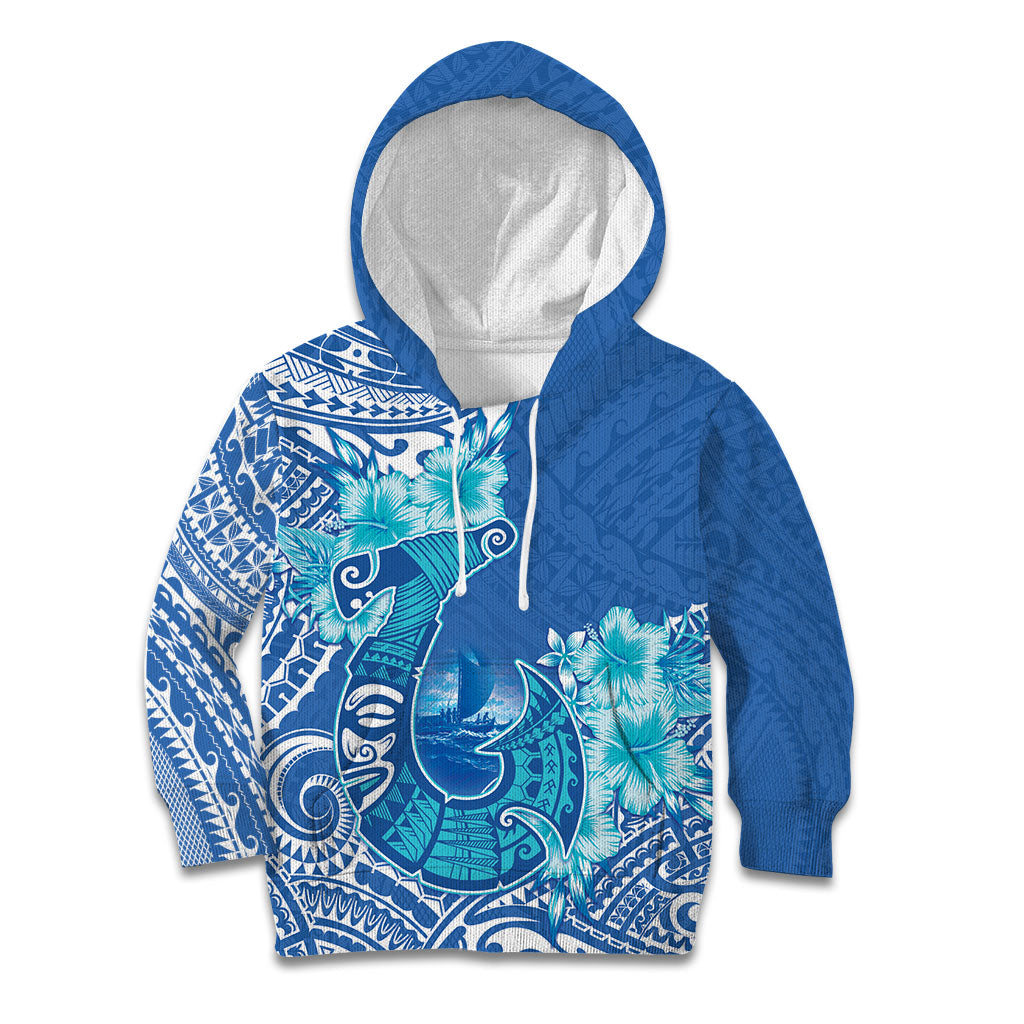 Hawaii Discoverers Day Kid Hoodie Polynesian Fish Hook With Hibiscus Blue LT05 Hoodie Blue - Polynesian Pride