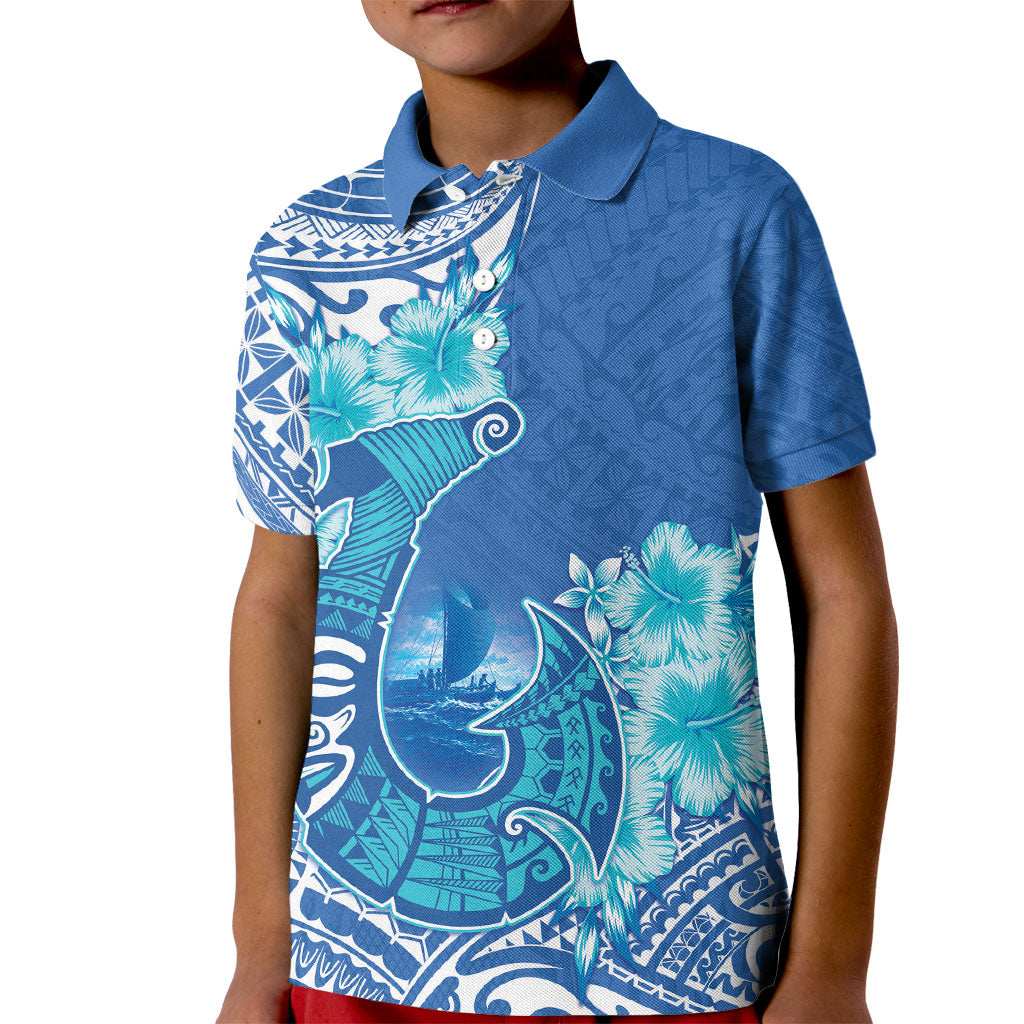 Hawaii Discoverers Day Kid Polo Shirt Polynesian Fish Hook With Hibiscus Blue LT05 Kid Blue - Polynesian Pride