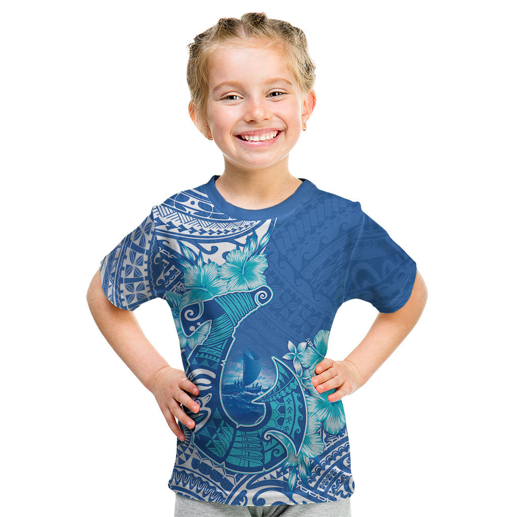 Hawaii Discoverers Day Kid T Shirt Polynesian Fish Hook With Hibiscus Blue LT05 Blue - Polynesian Pride