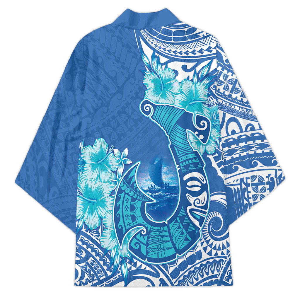 Hawaii Discoverers Day Kimono Polynesian Fish Hook With Hibiscus Blue