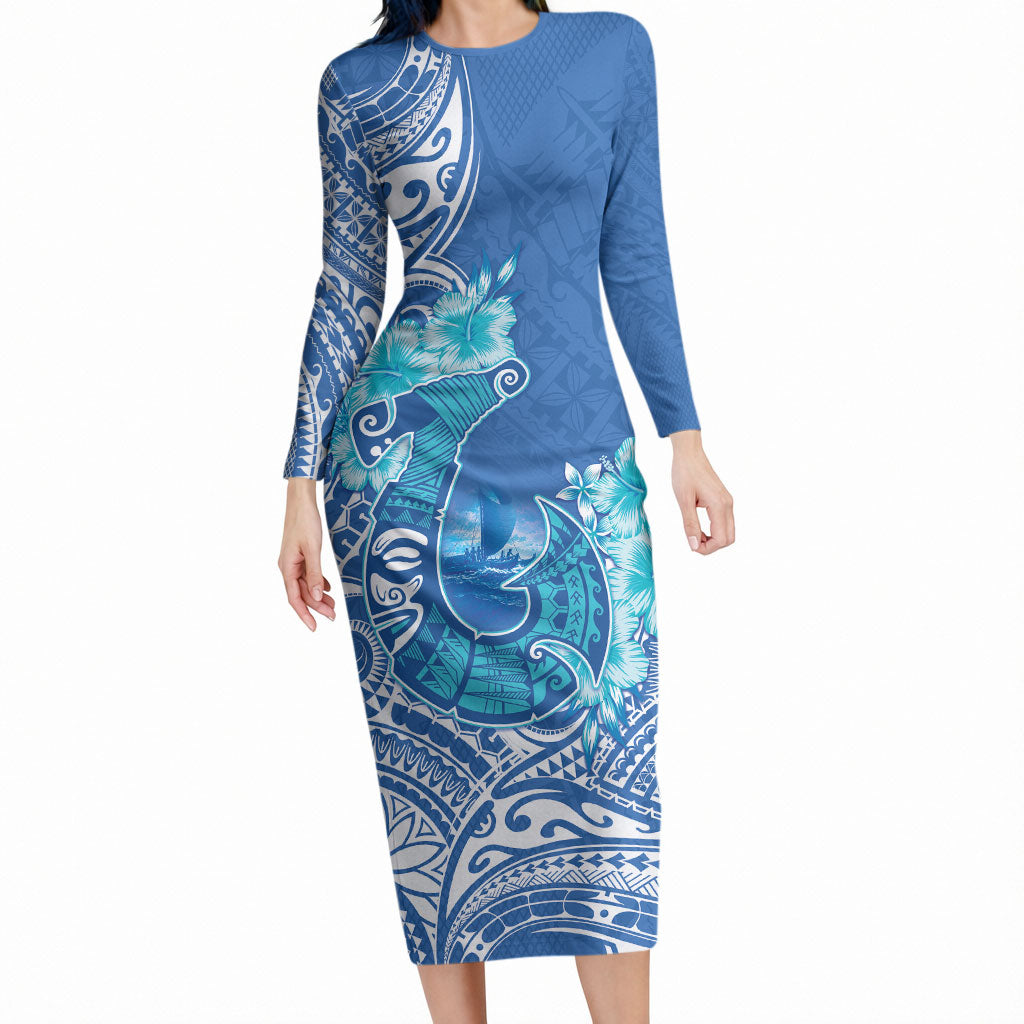 Hawaii Discoverers Day Long Sleeve Bodycon Dress Polynesian Fish Hook With Hibiscus Blue LT05 Long Dress Blue - Polynesian Pride