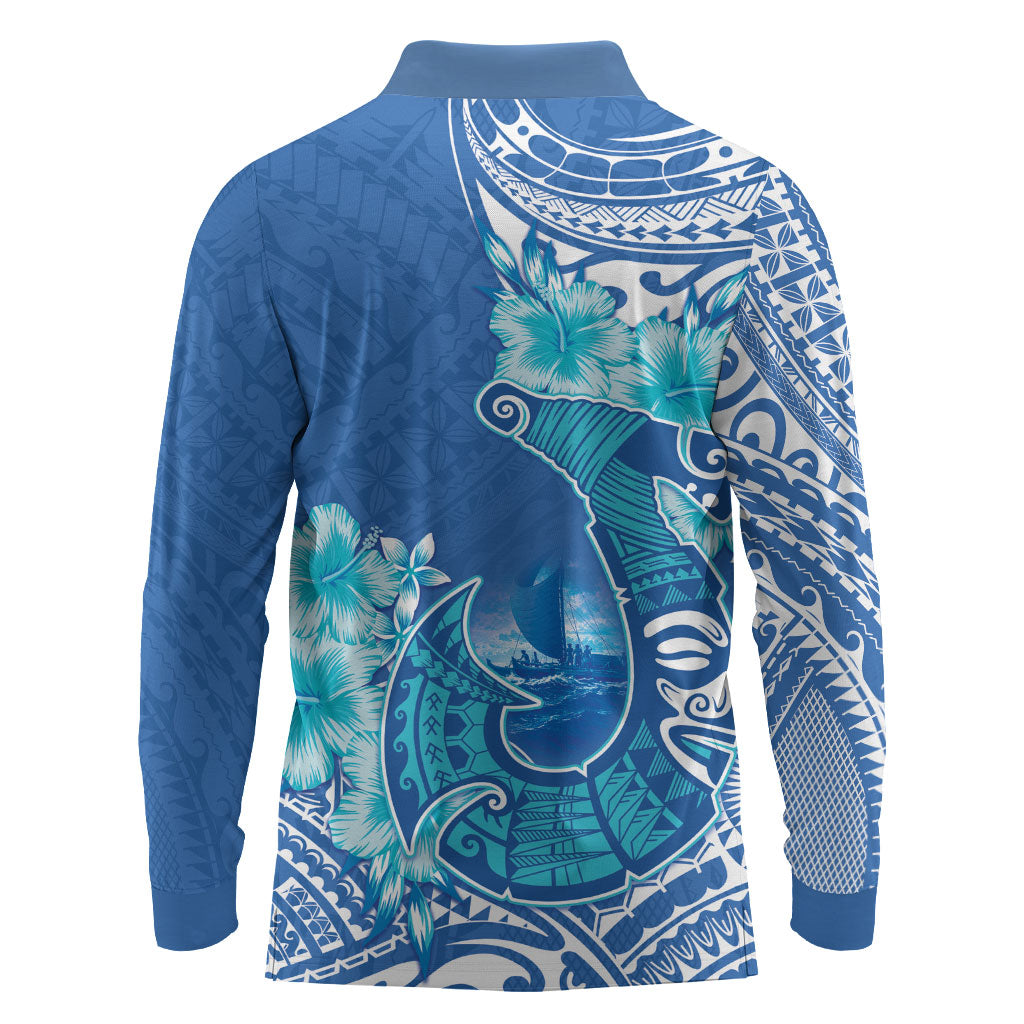 Hawaii Discoverers Day Long Sleeve Polo Shirt Polynesian Fish Hook With Hibiscus Blue LT05 - Polynesian Pride