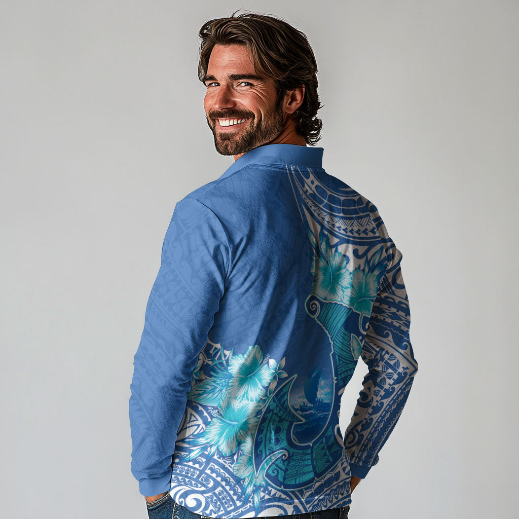 Hawaii Discoverers Day Long Sleeve Polo Shirt Polynesian Fish Hook With Hibiscus Blue LT05 - Polynesian Pride
