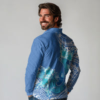 Hawaii Discoverers Day Long Sleeve Polo Shirt Polynesian Fish Hook With Hibiscus Blue LT05 - Polynesian Pride