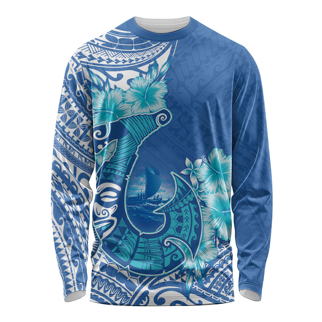 Hawaii Discoverers Day Long Sleeve Shirt Polynesian Fish Hook With Hibiscus Blue LT05 Unisex Blue - Polynesian Pride
