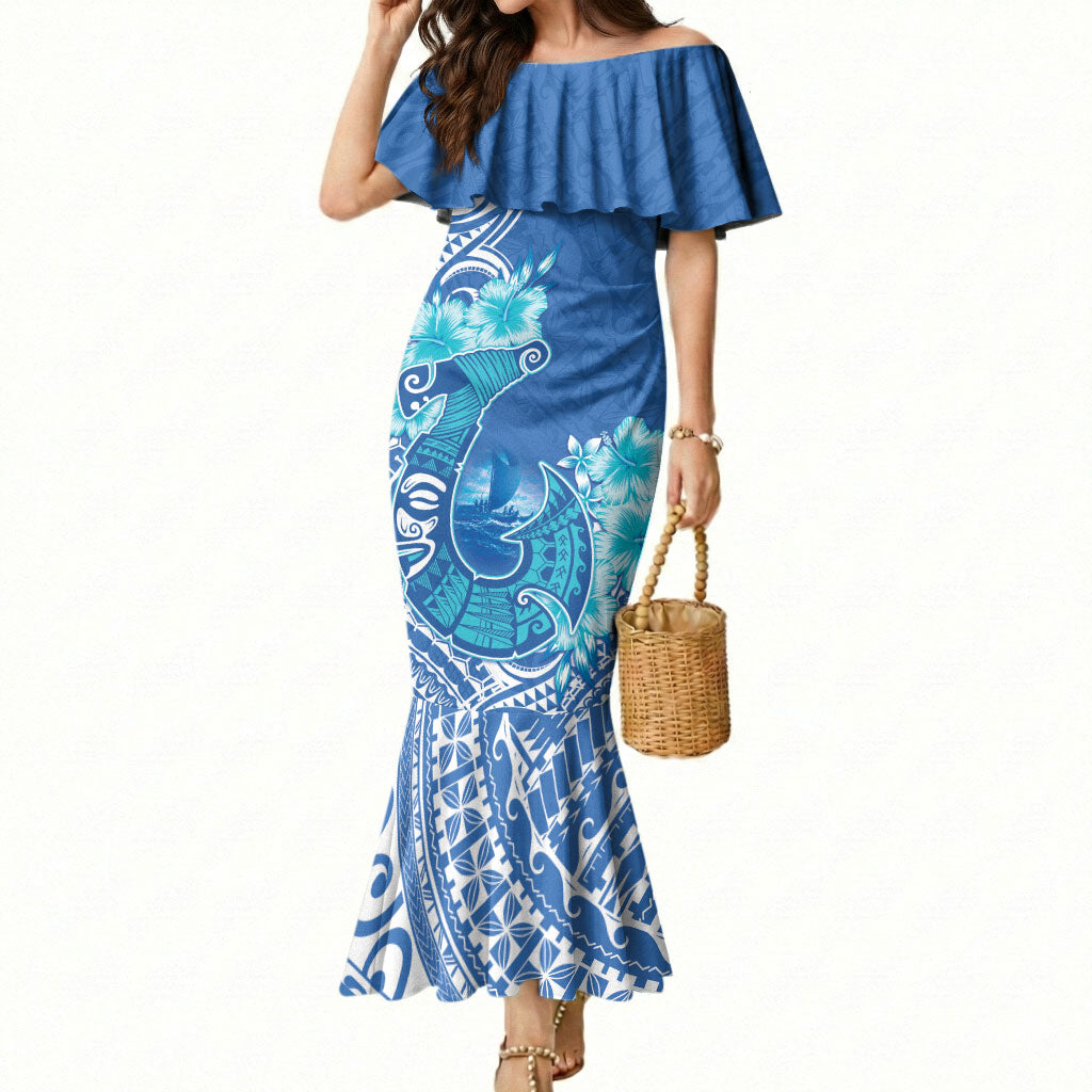 Hawaii Discoverers Day Mermaid Dress Polynesian Fish Hook With Hibiscus Blue LT05 Women Blue - Polynesian Pride