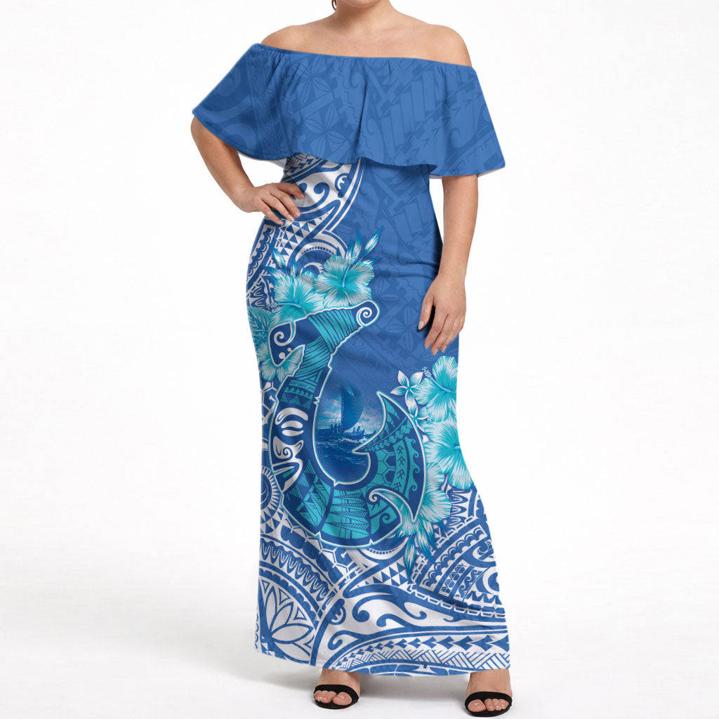 Hawaii Discoverers Day Off Shoulder Maxi Dress Polynesian Fish Hook With Hibiscus Blue LT05 Women Blue - Polynesian Pride