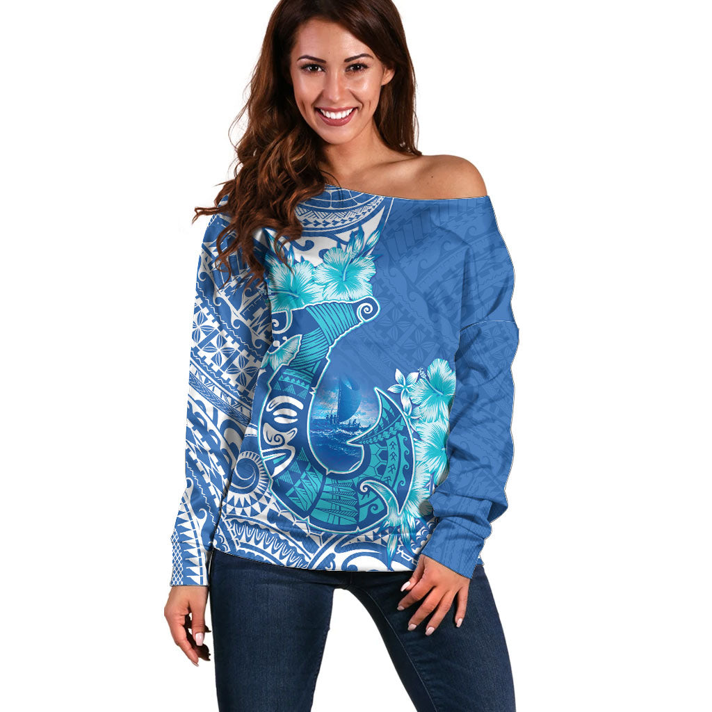 Hawaii Discoverers Day Off Shoulder Sweater Polynesian Fish Hook With Hibiscus Blue LT05 Women Blue - Polynesian Pride