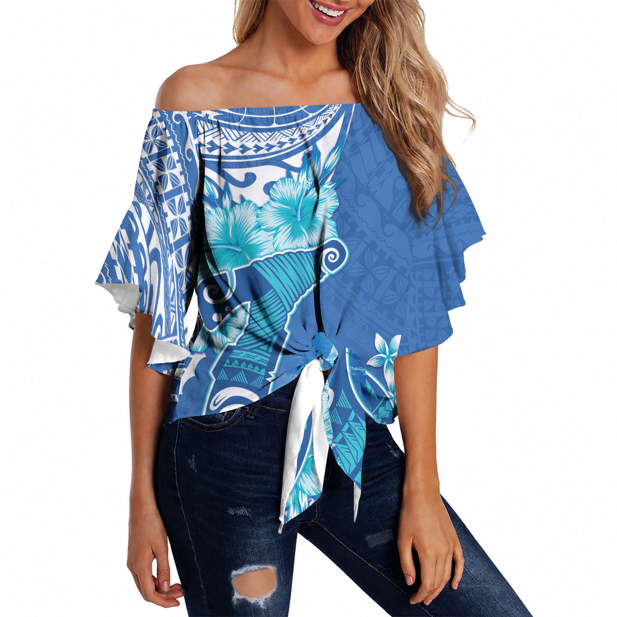 Hawaii Discoverers Day Off Shoulder Wrap Waist Top Polynesian Fish Hook With Hibiscus Blue LT05 Blue - Polynesian Pride