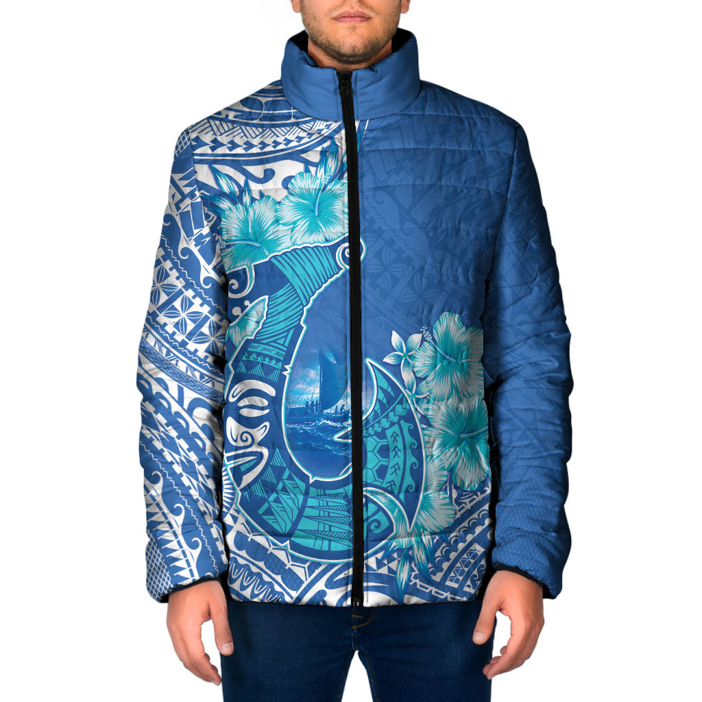 Hawaii Discoverers Day Padded Jacket Polynesian Fish Hook With Hibiscus Blue LT05 Men Blue - Polynesian Pride