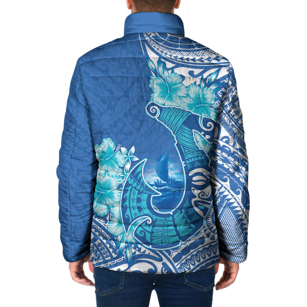 Hawaii Discoverers Day Padded Jacket Polynesian Fish Hook With Hibiscus Blue