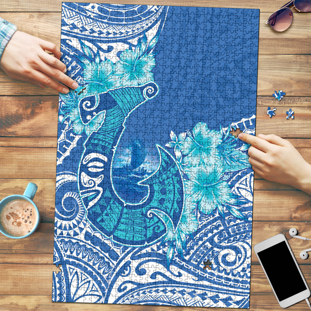 Hawaii Discoverers Day Puzzle Polynesian Fish Hook With Hibiscus Blue LT05 Blue - Polynesian Pride