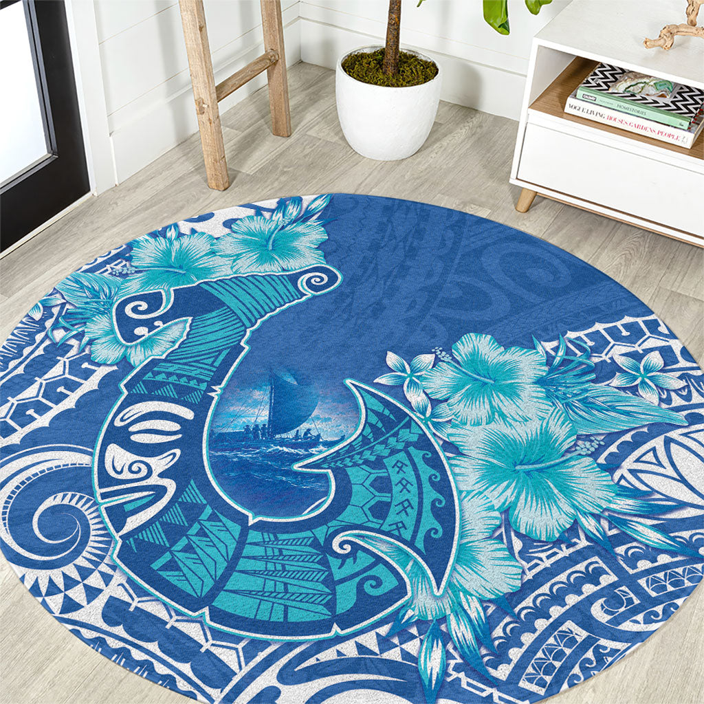 Hawaii Discoverers Day Round Carpet Polynesian Fish Hook With Hibiscus Blue LT05 Blue - Polynesian Pride