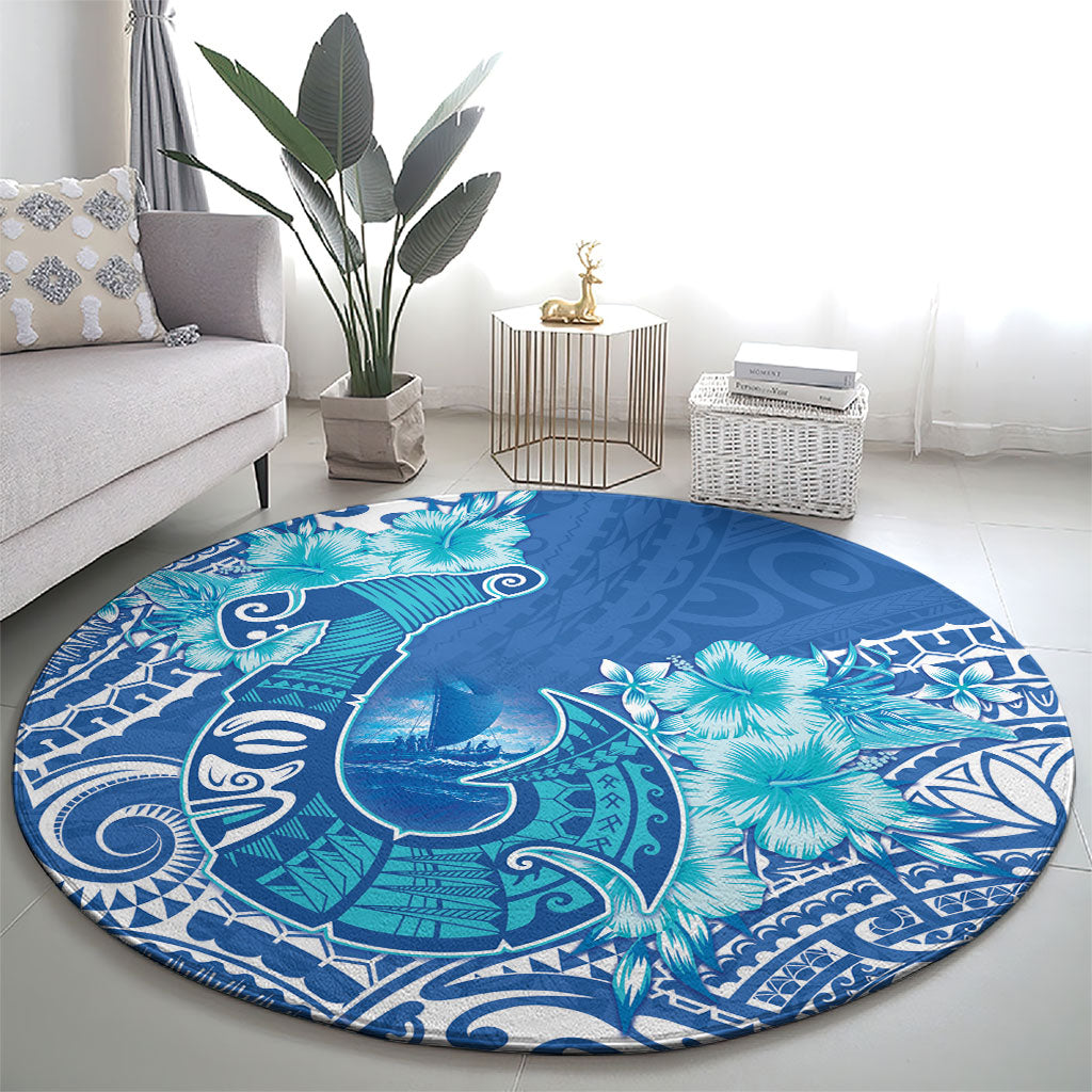 Hawaii Discoverers Day Round Carpet Polynesian Fish Hook With Hibiscus Blue