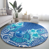 Hawaii Discoverers Day Round Carpet Polynesian Fish Hook With Hibiscus Blue