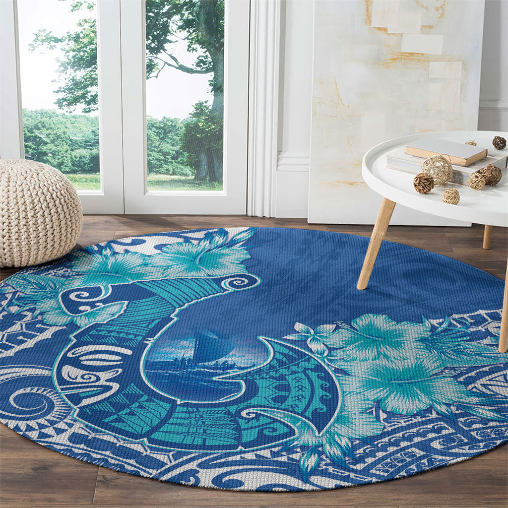 Hawaii Discoverers Day Round Carpet Polynesian Fish Hook With Hibiscus Blue