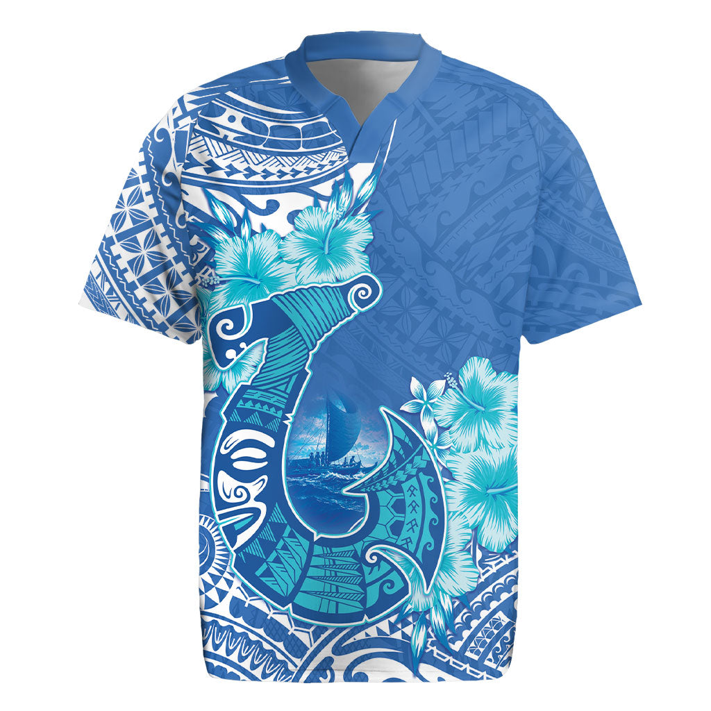 Hawaii Discoverers Day Rugby Jersey Polynesian Fish Hook With Hibiscus Blue LT05 Blue - Polynesian Pride