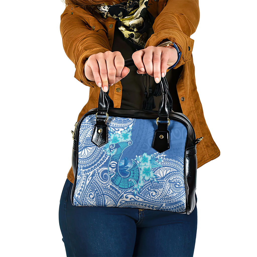 Hawaii Discoverers Day Shoulder Handbag Polynesian Fish Hook With Hibiscus Blue LT05 One Size Blue - Polynesian Pride