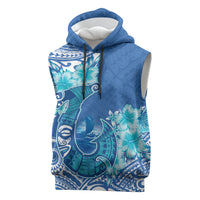 Hawaii Discoverers Day Sleeveless Hoodie Polynesian Fish Hook With Hibiscus Blue LT05 Blue - Polynesian Pride