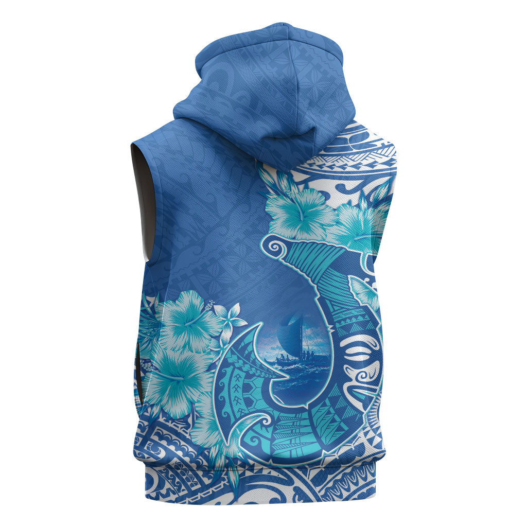 Hawaii Discoverers Day Sleeveless Hoodie Polynesian Fish Hook With Hibiscus Blue LT05 - Polynesian Pride