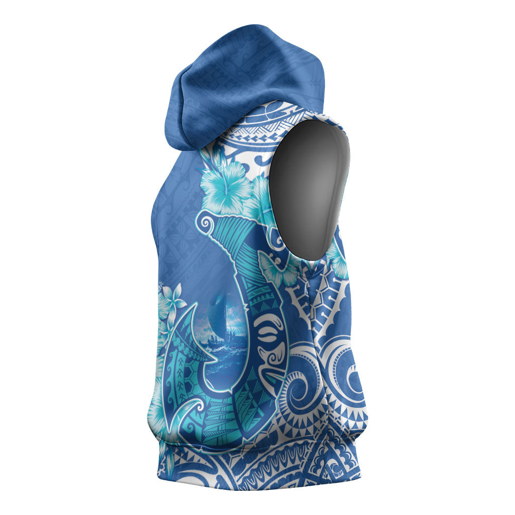 Hawaii Discoverers Day Sleeveless Hoodie Polynesian Fish Hook With Hibiscus Blue LT05 - Polynesian Pride