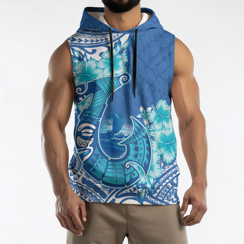 Hawaii Discoverers Day Sleeveless Hoodie Polynesian Fish Hook With Hibiscus Blue LT05 - Polynesian Pride