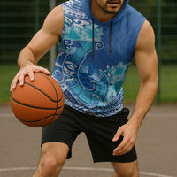 Hawaii Discoverers Day Sleeveless Hoodie Polynesian Fish Hook With Hibiscus Blue LT05 - Polynesian Pride
