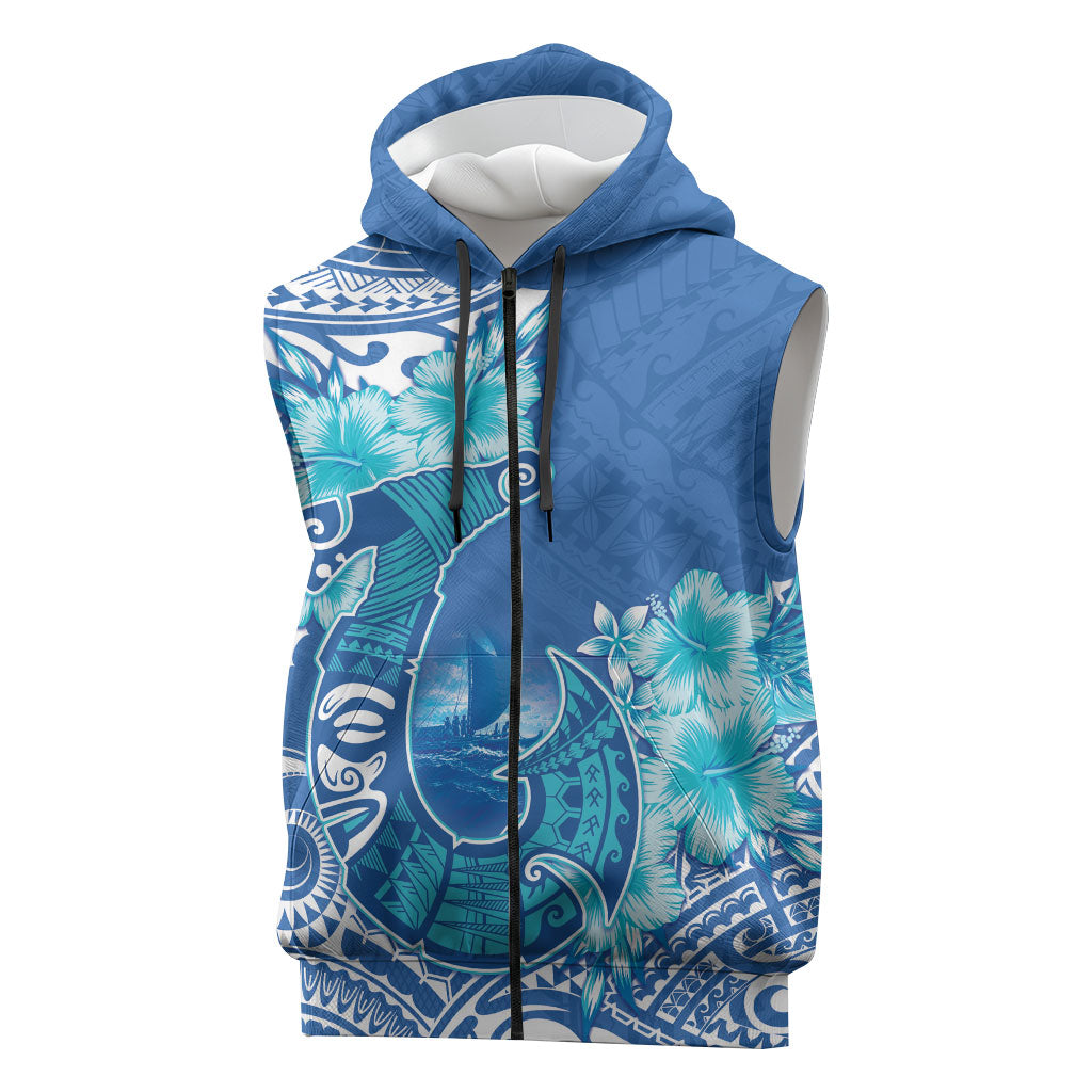 Hawaii Discoverers Day Sleeveless Zip Hoodie Polynesian Fish Hook With Hibiscus Blue LT05 Blue - Polynesian Pride