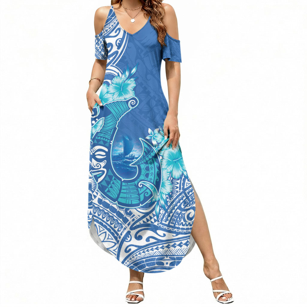 Hawaii Discoverers Day Summer Maxi Dress Polynesian Fish Hook With Hibiscus Blue LT05 Women Blue - Polynesian Pride