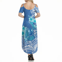 Hawaii Discoverers Day Summer Maxi Dress Polynesian Fish Hook With Hibiscus Blue LT05 - Polynesian Pride