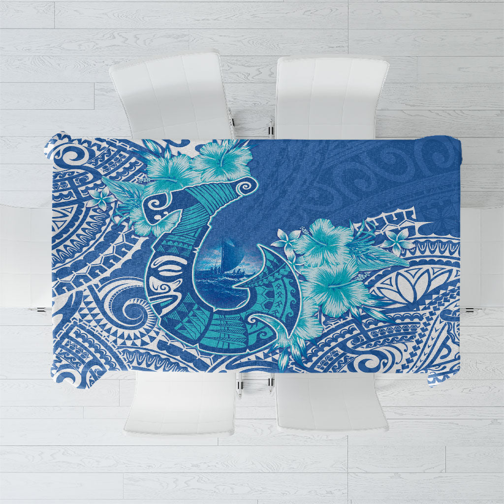Hawaii Discoverers Day Tablecloth Polynesian Fish Hook With Hibiscus Blue
