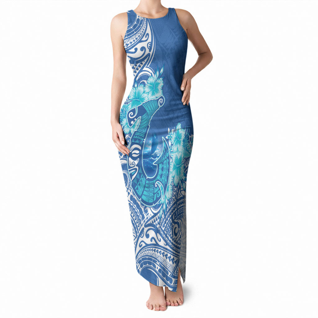 Hawaii Discoverers Day Tank Maxi Dress Polynesian Fish Hook With Hibiscus Blue LT05 Women Blue - Polynesian Pride