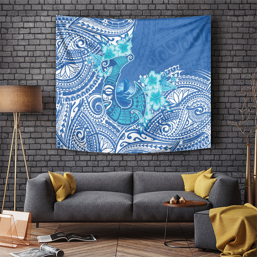 Hawaii Discoverers Day Tapestry Polynesian Fish Hook With Hibiscus Blue LT05 Blue - Polynesian Pride