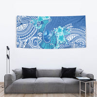 Hawaii Discoverers Day Tapestry Polynesian Fish Hook With Hibiscus Blue