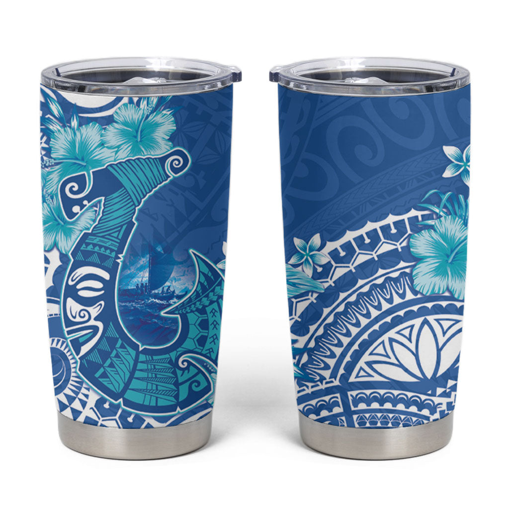 Hawaii Discoverers Day Tumbler Cup Polynesian Fish Hook With Hibiscus Blue LT05 Blue - Polynesian Pride