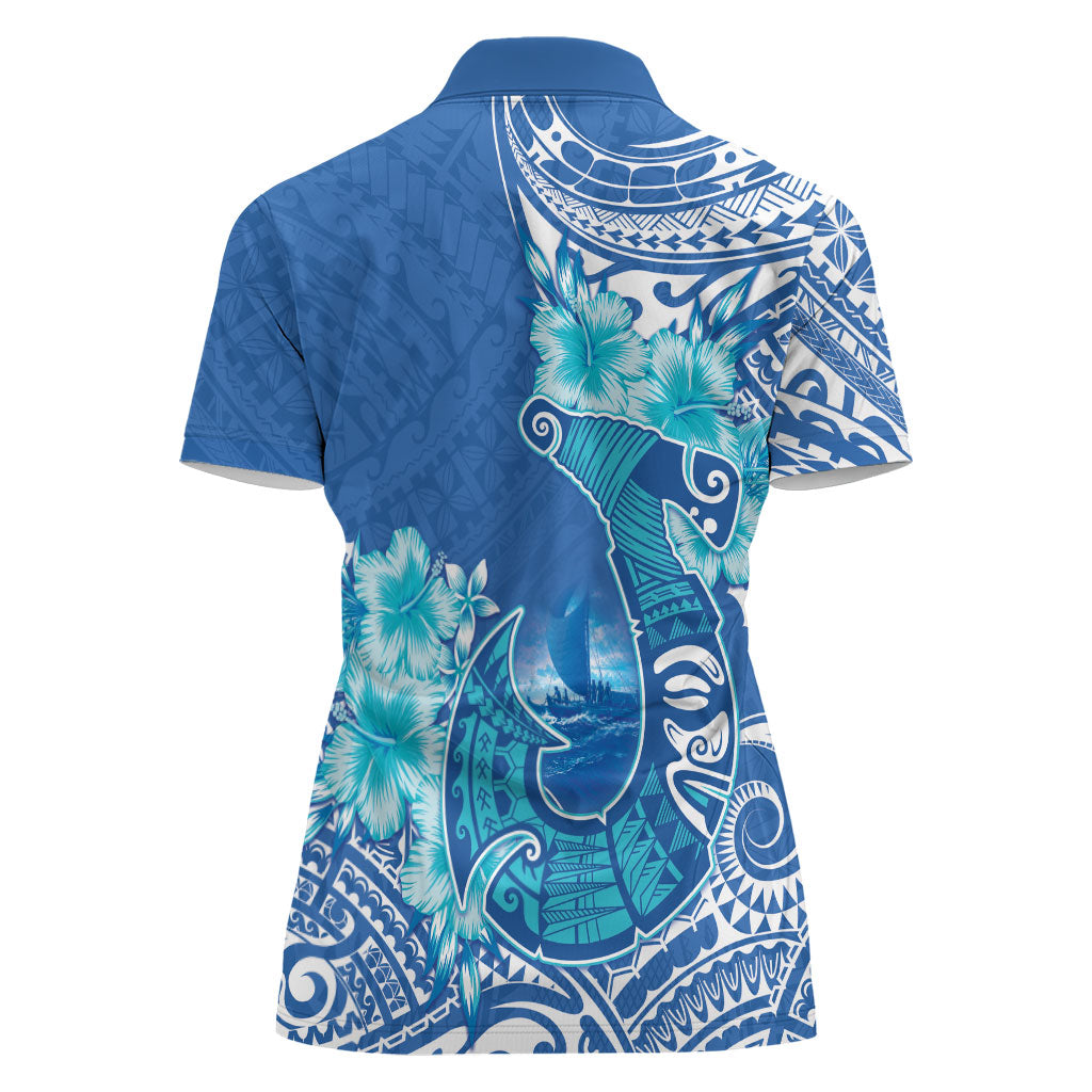 Hawaii Discoverers Day Women Polo Shirt Polynesian Fish Hook With Hibiscus Blue LT05 - Polynesian Pride
