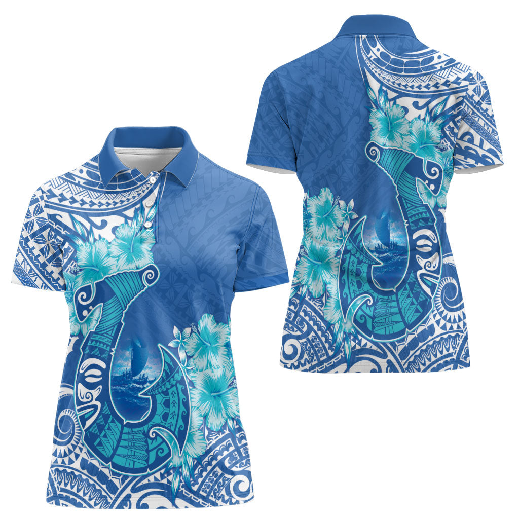 Hawaii Discoverers Day Women Polo Shirt Polynesian Fish Hook With Hibiscus Blue LT05 - Polynesian Pride