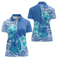 Hawaii Discoverers Day Women Polo Shirt Polynesian Fish Hook With Hibiscus Blue LT05 - Polynesian Pride