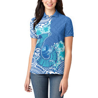 Hawaii Discoverers Day Women Polo Shirt Polynesian Fish Hook With Hibiscus Blue LT05 - Polynesian Pride