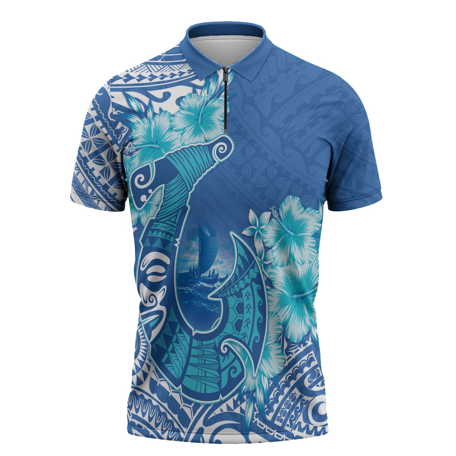 Hawaii Discoverers Day Zipper Polo Shirt Polynesian Fish Hook With Hibiscus Blue LT05 Blue - Polynesian Pride
