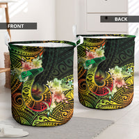 Hawaii Discoverers Day Laundry Basket Polynesian Fish Hook With Hibiscus Reggae