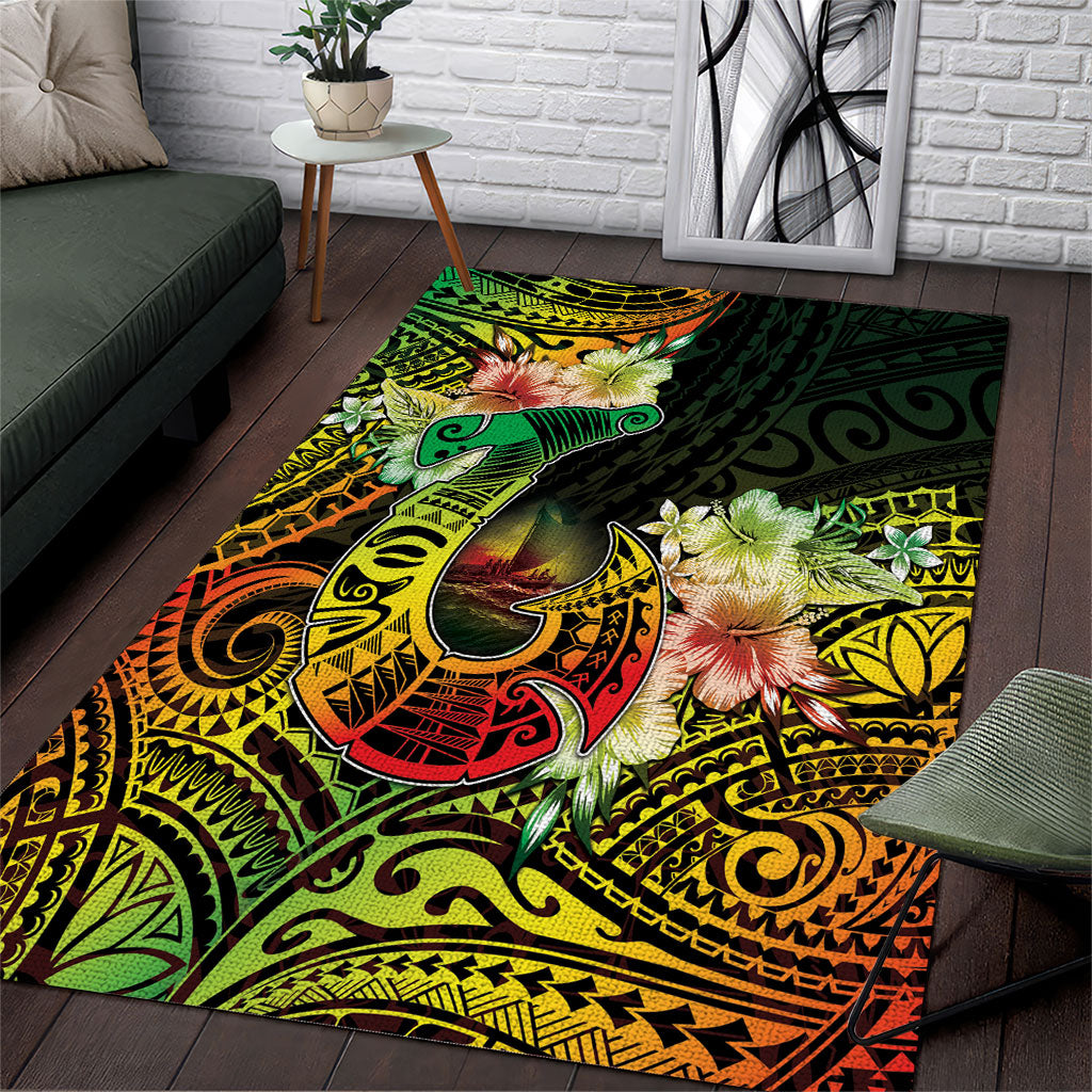 Hawaii Discoverers Day Area Rug Polynesian Fish Hook With Hibiscus Reggae LT05 Reggae - Polynesian Pride