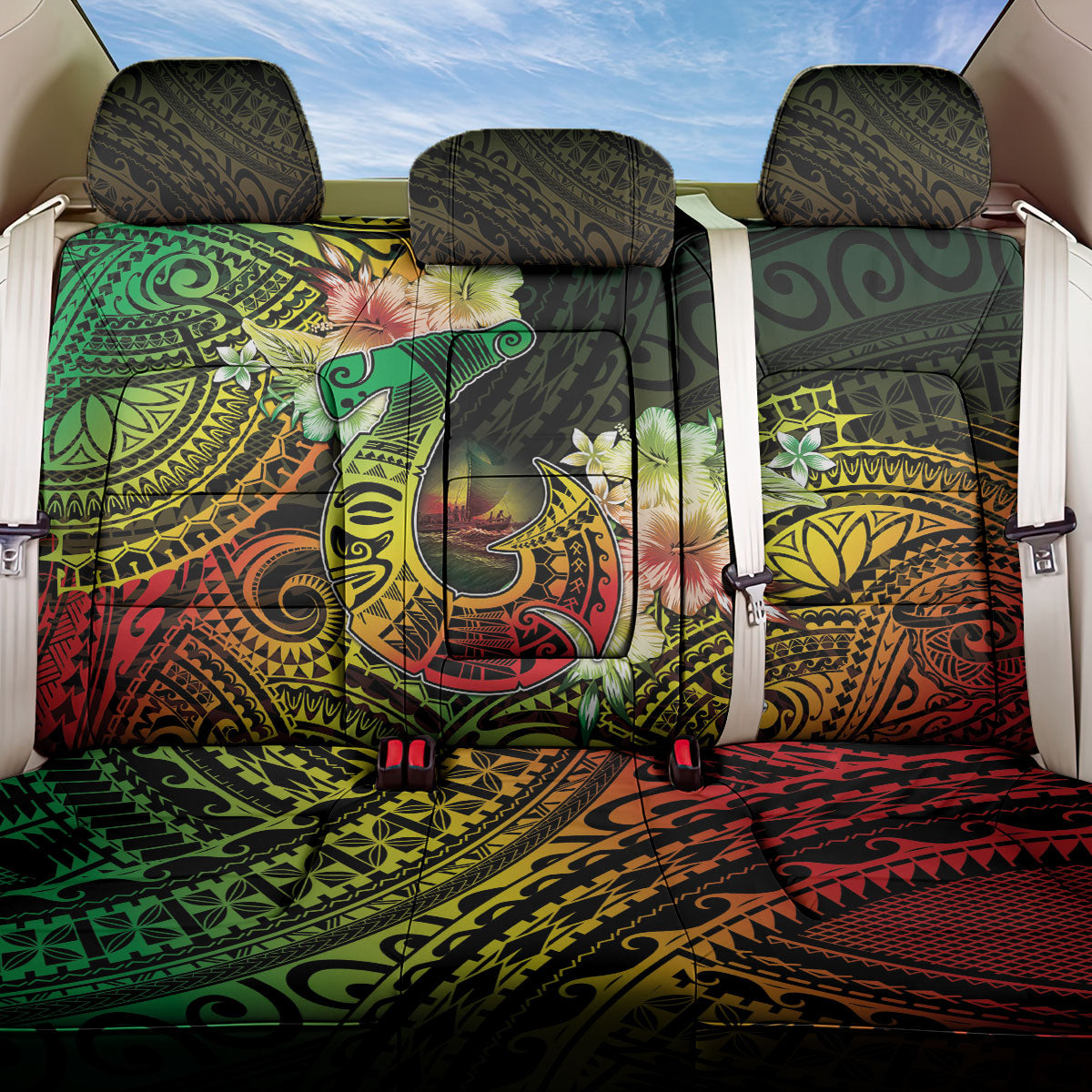 Hawaii Discoverers Day Back Car Seat Cover Polynesian Fish Hook With Hibiscus Reggae LT05 One Size Reggae - Polynesian Pride