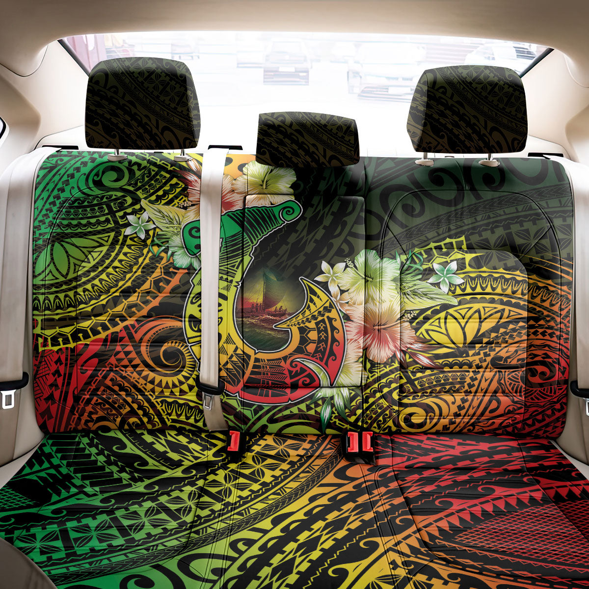 Hawaii Discoverers Day Back Car Seat Cover Polynesian Fish Hook With Hibiscus Reggae LT05 - Polynesian Pride