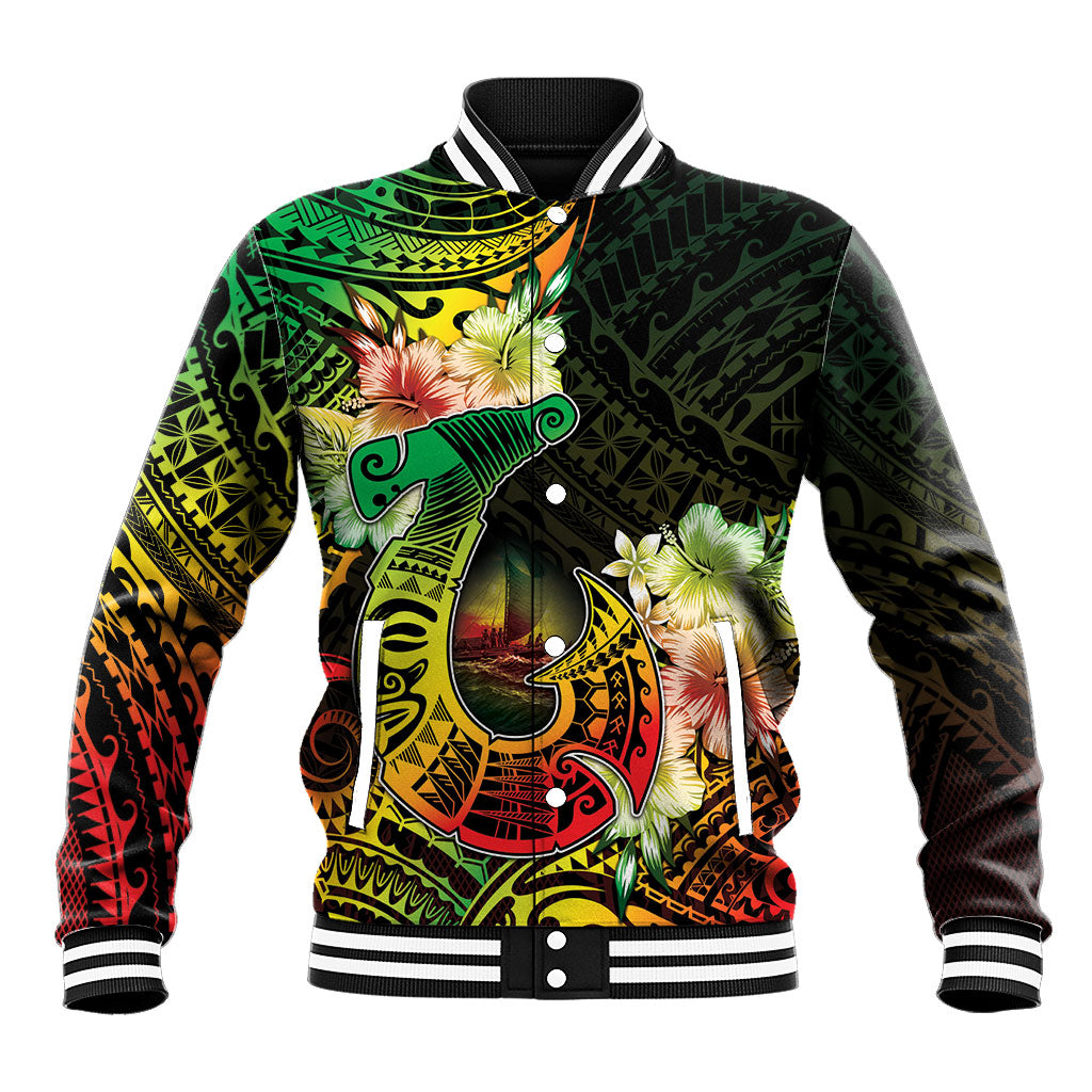 Hawaii Discoverers Day Baseball Jacket Polynesian Fish Hook With Hibiscus Reggae LT05 Unisex Reggae - Polynesian Pride