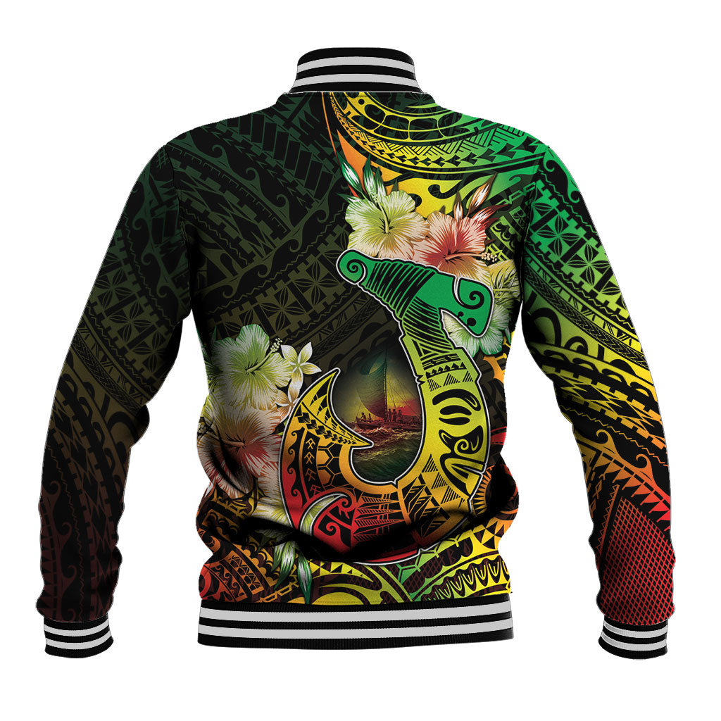 Hawaii Discoverers Day Baseball Jacket Polynesian Fish Hook With Hibiscus Reggae