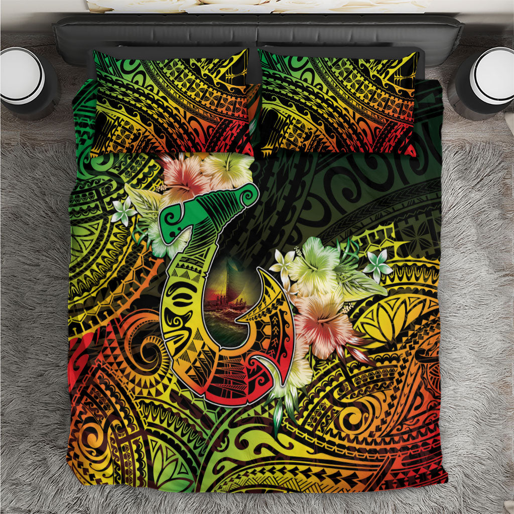 Hawaii Discoverers Day Bedding Set Polynesian Fish Hook With Hibiscus Reggae LT05 Reggae - Polynesian Pride