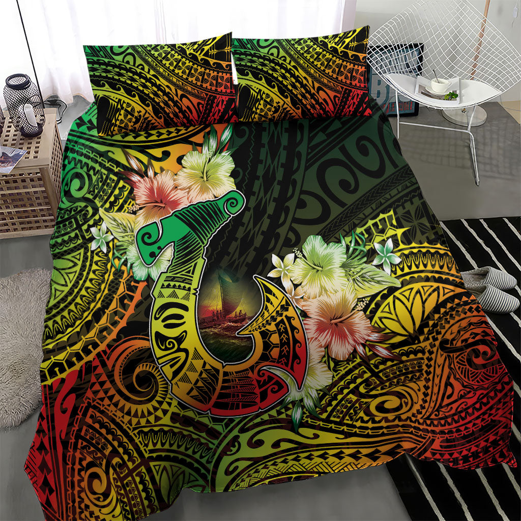 Hawaii Discoverers Day Bedding Set Polynesian Fish Hook With Hibiscus Reggae
